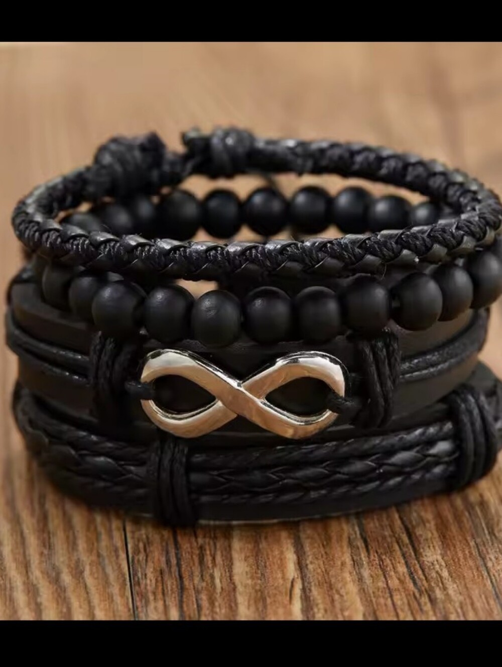 Men's Bracelets Leather 4pc Braided Layered Black Beaded New G12